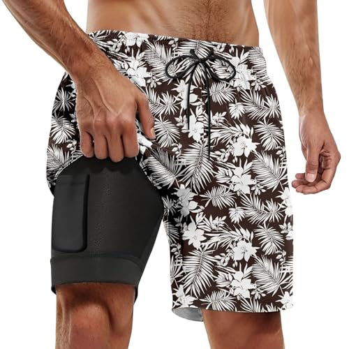 Short de plage double couche au motif cocotier pour un été tendance