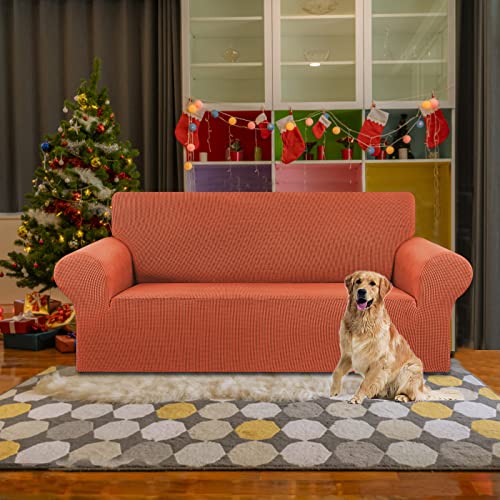KEKUOU Stretch Loveseat Sofa Cover Slipcover,Couch Covers for 2 Cushion Couch Sofa (55"-78") Furniture Protector Sofa with Elastic Bottom for Kid,Dog. Jacquard Small Checked (Medium,Pureed Pumpkin)