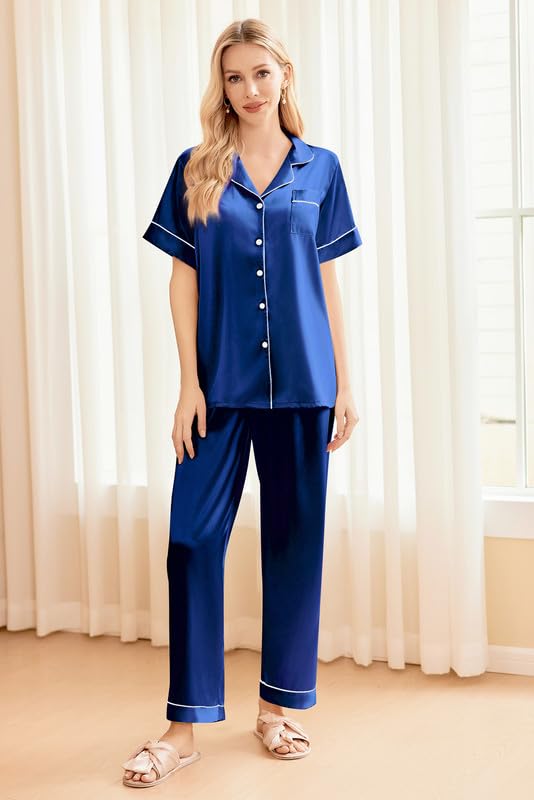 Image of Ekouaer Silk Pajamas for Women Set Satin Soft Short Sleeve Button Down Pjs | 3 Piece Loungewear,Comfy Sleepwear,Silky Smooth Fabric,Gift for wedding,Bridal Party,Coffee Time,Vacation