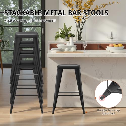Set de 4 Butacos de Bar sin Respaldo, Tapizados en Cuero Sintético con Patas de Metal,altura de 26 Pulgadas, Color Negro miniatura 5