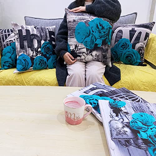 Teal Throw Pillow Covers 18X18 Set Of 4, Turquoise Couch Pillow Covers Living Room Decorative, Linen Cotton Square Dark Blue Rose Flower Pillowcase Grey Black And White Sofa Pillow Cushion Home Decor #TOP2