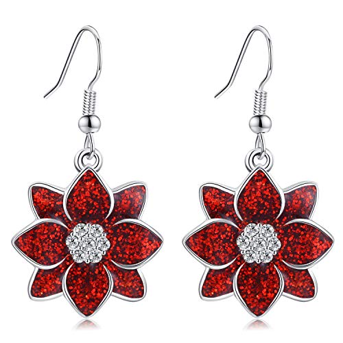 Poinsettia Christmas Flower Dangle Earrings Silver Plated Sparkling Crystal Christmas Earrings Gifts Holiday Party Decorations with Message Card & Velvet Bag