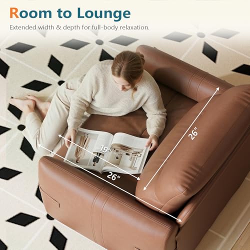 Image of Brown Leather Accent Chair, Oversized Deep Seat Armchair Living Room | STHOUYN Leather Reading Chair, Comfy Deep Seat Armchair with Mid-Century Style, Office Bedroom Apartment Waiting Room, Brown