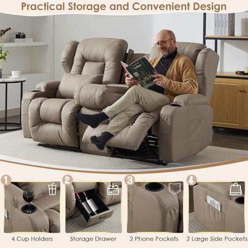 Image of SAMERY 67.6 inch RV Loveseat Recliner Double Recliner RV Sofa & Console | Wall Hugger Loveseat Reclining RV | RV Theater Seats | RV Couch | RV Home Theater Seating Furniture (Fabric Khaki)