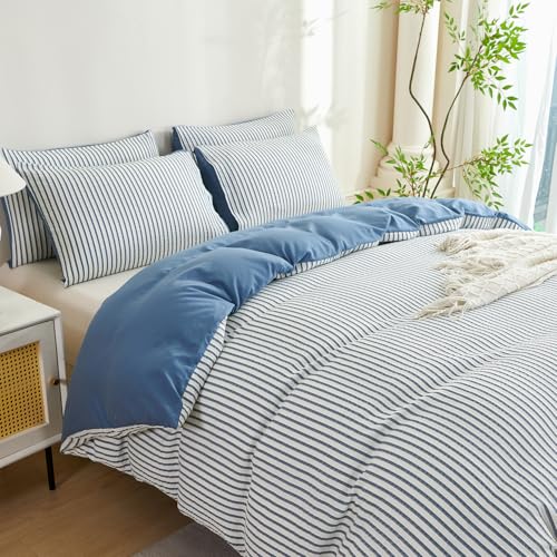 Image of Denim Blue Striped Comforter Set King - 3 Pieces Bedding Comforter Set for All Season, Soft Lightweight Washed Microfiber, 1 Striped Comforter and 2 Pillowcases (Denim Blue, King Size)