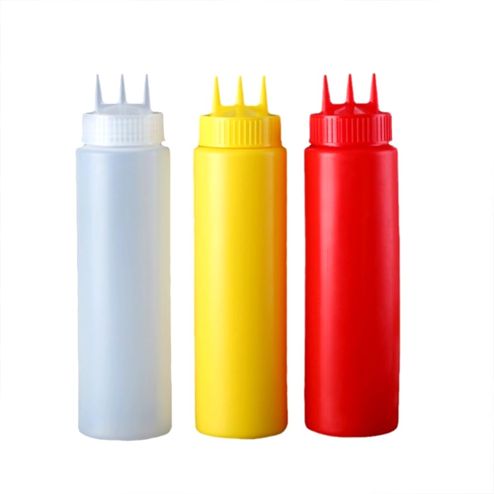 3pcs油圧ボトル3穴押出油圧食品級味噌多機能調味料ボトルケチャップ押出調理器具キッチン用品 (3口-650ml （赤・白・黄）)