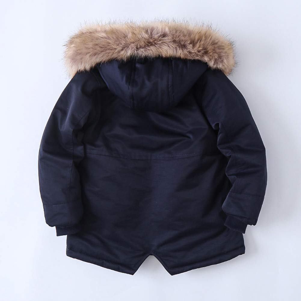 Cazadora Chaqueta de invierno para niños, resistente al viento, con capucha, de forro polar grueso, para exteriores, de algodón, cuello de piel, monocolor, azul marino, 152/158 cm
