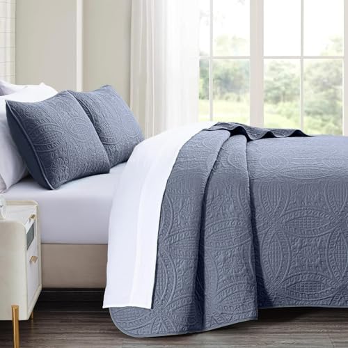 akkialla King Size Quilt Set,Bluish Grey Ultrasonic Bedspread,Lightweight Soft Coverlet with Modern Coin Pattern,All Season California King Bedding Set,3 Piece Set(1 Quilt,2 Pillow Shams)