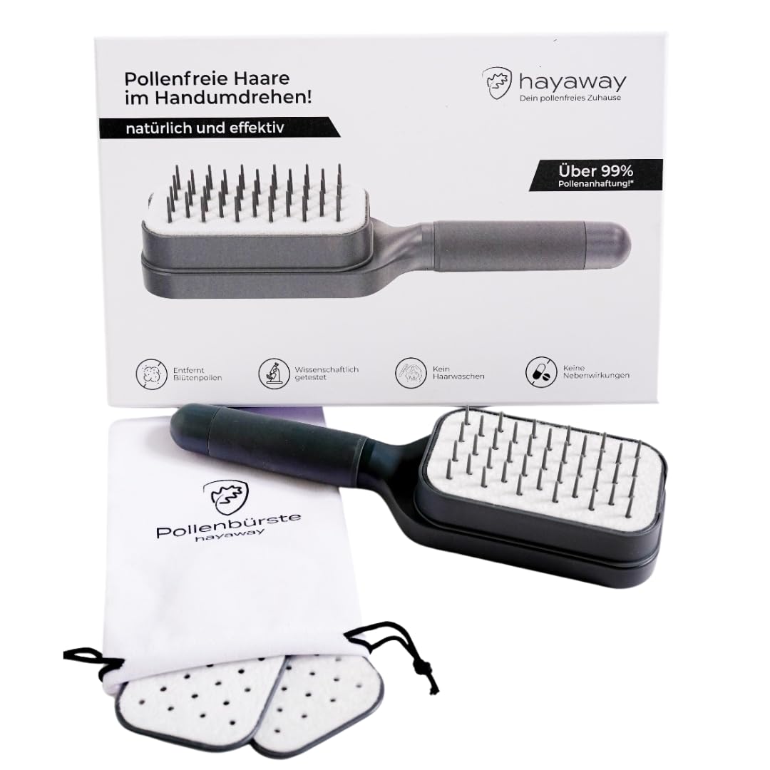 Pollenfilter Haarbürste – Entfernt Pollen aus Haaren | Bei Pollenallergie & Heuschnupfen | Für glatte und feine Haare | Set inkl. Filter & Beutel | Ideal für Wohnung, Park, Festival, Camping & Hund