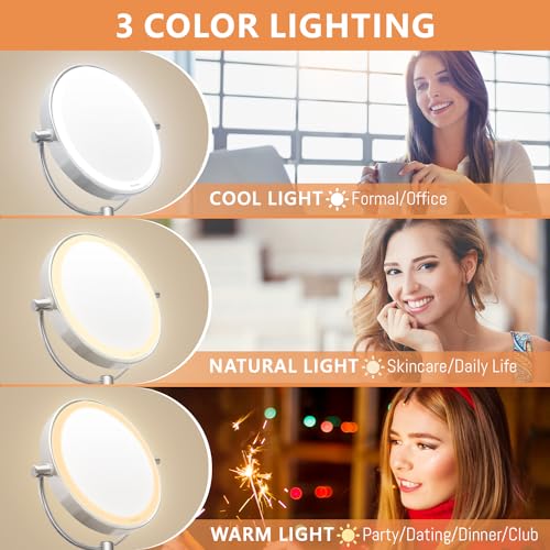 Auxmir Kosmetikspiegel mit LED Beleuchtung 1X/20X Vergrößerung, Dimmbarer Schminkspiegel mit Touchschalter, 3 Farbe Einstellbar, Rasierspiegel Wandmontage für Badezimmer, Spa und Hotel