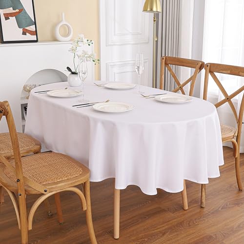 Viiamacki White Oval Tablecloth, 60 x 84 Inch, Stain and Wrinkle Resistant Machine Washable Polyester Table Cloth, Fabric Table Cover for Dining Buffet Party and Outdoor Table
