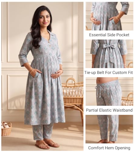 Image of DUMMY SHAPE Maternity Dresses for Women Cotton | Floral Kurta Pant Dupatta Set with Nursing Zippers, Side Pocket | Pre & Post Pregnancy | Feeding Kurti Suit | Baby Shower | Gifts for Pregnant Woman