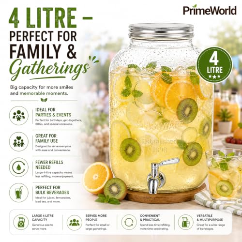 Image of PrimeWorld 1Pc 4 LTR Glass Water Beverage Dispenser - Air Tight Lid Glass Pitcher for Detox Water - Mason Jar - Counter Table Top Juice Water Beer Dispenser for Home & Kitchen Restaurant Party