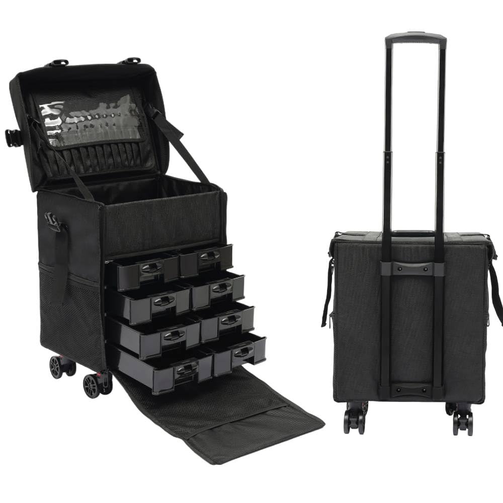 Valise cosmétique 4 en 1 à roulettes professionnelle avec roulettes - Idéale pour les voyages, les coiffeurs, idée cadeau - 38 x 29 x 42 cm - Noir