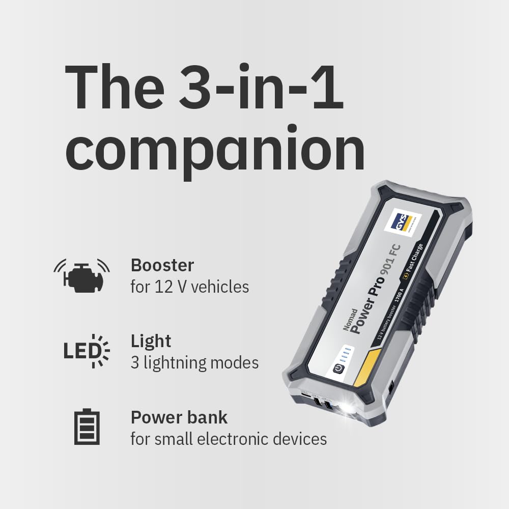 GYS, Nomad Power Pro 901 FC, Démarreur/Booster Batterie Lithium Portable 2000A, Véhicules 12V (Moto, Voiture), Démarrage Sécurisé, Batterie Externe 6Ah (PowerBank), Lampe LED, Ecran LCD