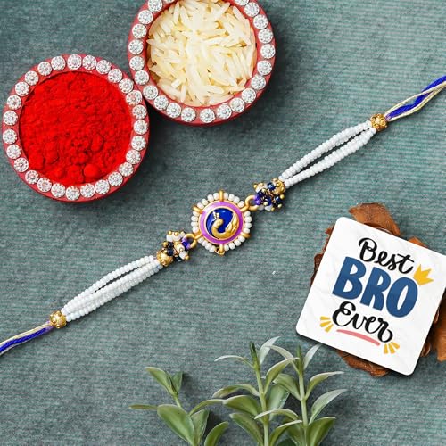 Image of eCraftIndia Beautiful Peacock Rakhi | Best Bro Ever Fridge Magnet | Roli Chawal Pack | Designer Rakhi for Brother Bhaiya Bhai Bhabhi Kids