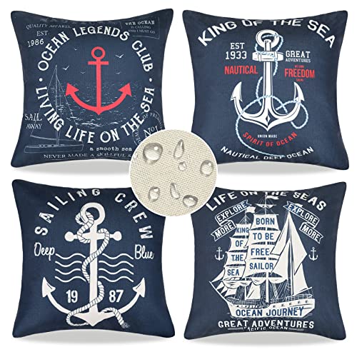 Fundas Cojin Impermeable Fundas Cojines 50 x 50cm Lino Funda Cojines Verano Estilo Navegación Aventura Decorativo Ancla Velero Fundas de Cojines Para Sala de Estar Jardín Balcones Muebles Exterior