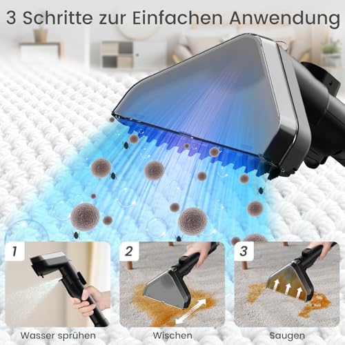 Kitcanis Polsterreiniger Gerät Nasssauger Waschsauger - 17KPa 78dB 600W Nasssauger Polsterreiniger mit 4 Düse Fleckenbürste Waschsauger Polsterreiniger für Teppich, Sofa, Vorleger, Polster