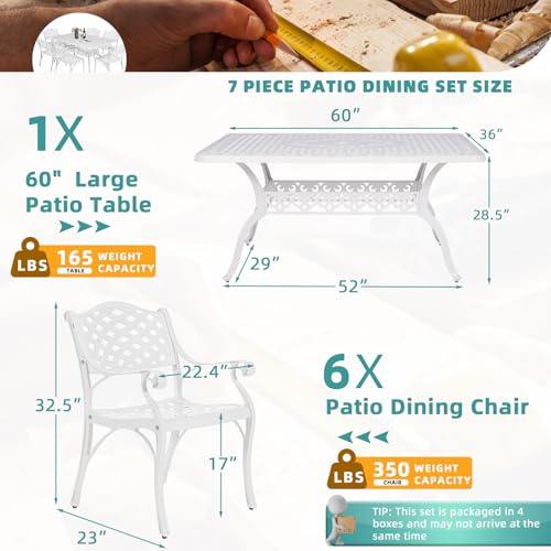 Image of MEETWARM 7 piece Outdoor Patio Dining Set for 6 Seater Dining Table Set, All-Weather Cast Aluminum Patio Conversation Set for Garden with 6 Chairs, 1 Rectangular Table, 2 inch Umbrella Hole, White