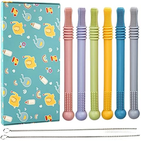 Baby Teething Toys Sensory Toys for Autistic ADHD, SPD, Oral Motor Children, Teething Straws Sticks, Baby Boy Girl Gitfs Package for 3 6 12 36 Months Baby Teether Cover