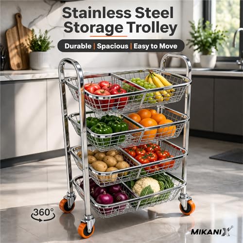 Image of MIKANIX Stainless Steel Vegetable & Fruit Storage Rack with Wheels, Kitchen Storage Basket Organizer, Rust Proof Stand for Onion, Potato, Fruits & Vegetables Trolley (4 Rack & 8 PARTITION)