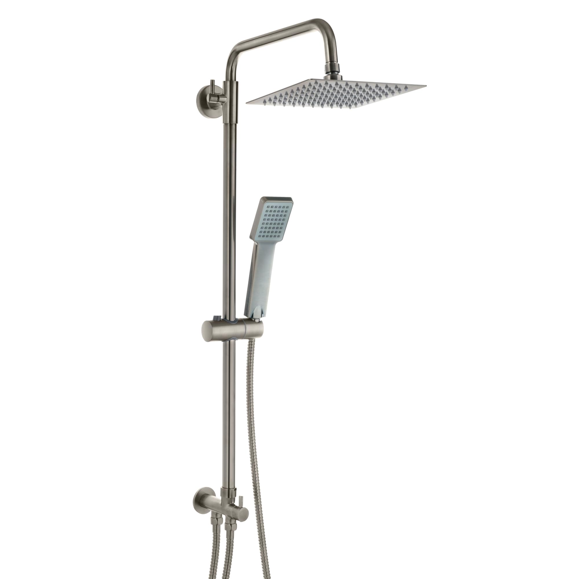 Enki Gunmetal Grey Dune, Rg084, Dual Rigid Riser Rail Kit With Ultra Slim Square Overhead Shower And Handset, For Exposed Installation, 1 Year Guarantee