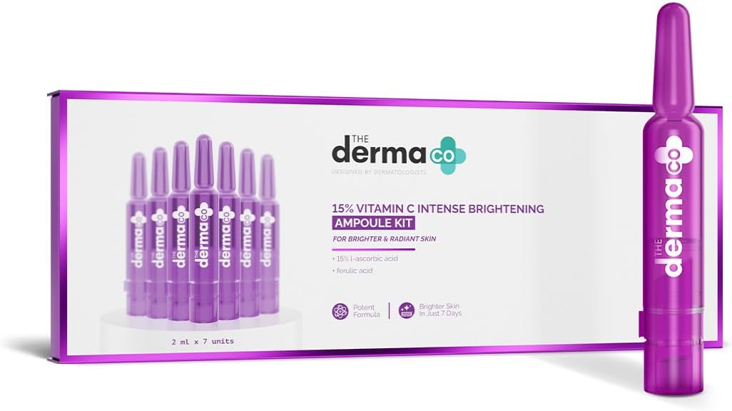 The Derma Co 15% Vitamin C Serum Intense Brightening Ampoule Kit|Radiant & Glowing Skin In 7 Days|7 Fresh Mix|Brightening For Dull Skin|Most Potent Vitamin C (L-Ascorbic Acid)|Ferulic Acid - 14 Ml