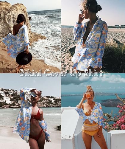 Image of Zoye Chen Women's Bikini Swimsuit Cover Up Button Down V Neck Shirts Long Sleeve Blouse Beachwear Bathing Suit
