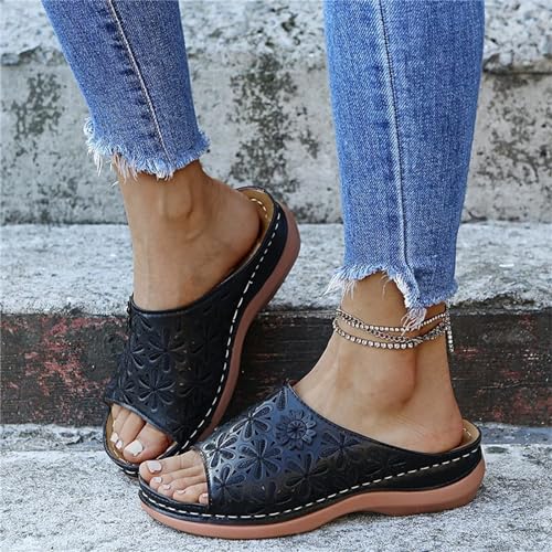 Casual Wedge Slippers for Women Breathable Anti-Slip Open Toe Roman Dress Beach Shoes Comfortable Embossed Pattern Sandals2
