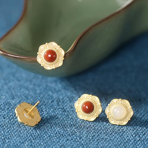 Agate rouge et jade Hetian boucles d'oreilles rondes à offrir