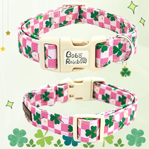 Image of St Patrick's Pink Plaid Trefoil Dog Collar for Medium Dogs | Daily Walks,Irish Parade,Spring Picnic Hiking,Adjustable,Cotton Fabric,Quick Release Plastic Buckle,Pendant,Female /Male Dog