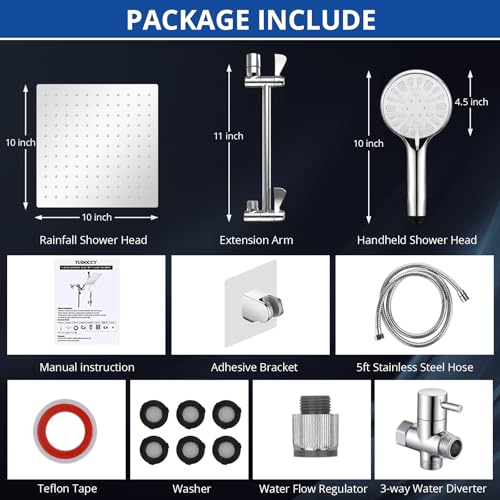 Image of Shower Head, 10'' High Pressure Rainfall /Handheld Shower Combo, Chrome | 9 Settings, Anti-leak Shower Head with 11'' Extension Arm, Holder, Hose, Height /Angle Adjustable Shower, 1.75GPM