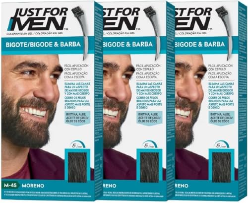 Just For Men Tinte Colorante En Gel Para Barba Y Bigote. Con Aloe y Aceite de Coco, para una Barba Sin Canas y con Aspecto Más Denso en 5 minutos. Tono Moreno, M45 (3 Pack)
