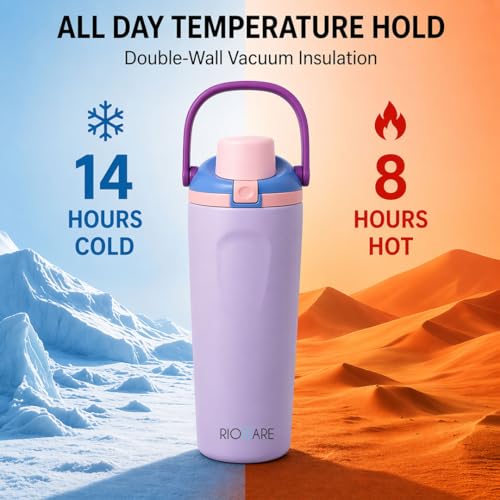 Image of Rioware 900ml Vacuum Insulated Tumbler with Flip Cap | 304 Grade Steel | 8 Hrs Hot & 14 Hrs Cold | Leakproof Travel Coffee Mug | Large Capacity Water Bottle with Handle | BPA Free- Purple