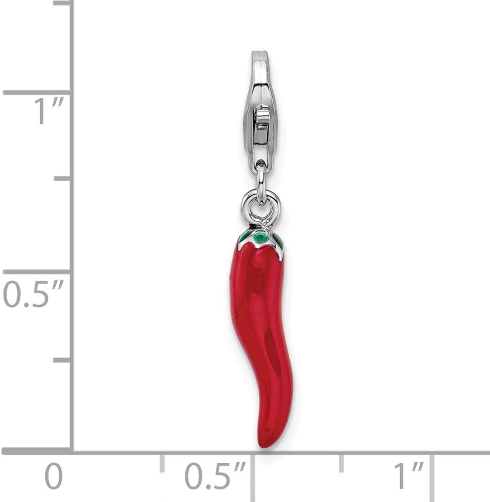 Solid 925 Sterling Silver Red Enamel Pepper Lobster Clasp Charm (0.16 x 1.46 Inches)