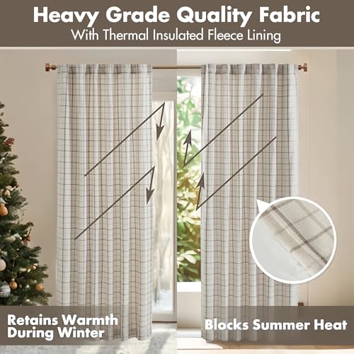 Image of Madison Park Anaheim Cabin Plaid Curtain Window, Thermal Insulated Fleece Lining, Living Room Decor Room Darkening Drape for Bedroom, 1-Single Panel Pack, 50x84, Rod Pocket & Back Tab, Natural