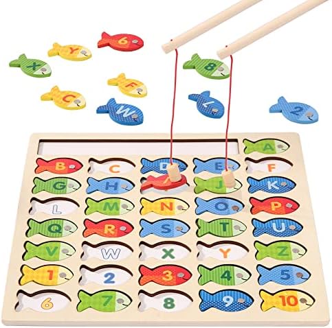 Wooden Magnetic Fishing Game for Toddlers, Montessori Fine Motor Skills Toy with Letters and Numbers, Preschool Classroom Learning ABC and Math Educational Toys Gifts for 3 4 5+ Year Old Kids(2 Poles)