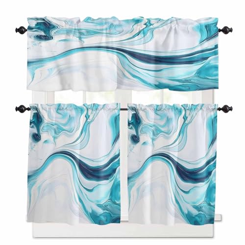 Marble Ripple Kitchen Curtains 24 Inch Length, 3 Piece Rod Pocket Small Half Tiers and Valance Set, Blue White Marble Lines Abstract Art Small Large Window Treatment Decor for Bedroom/Bathroom Sink