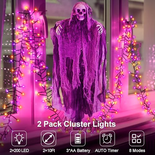 Image of 2 Pack Battery Halloween String Lights Total 20Ft 400 LED Cluster Lights