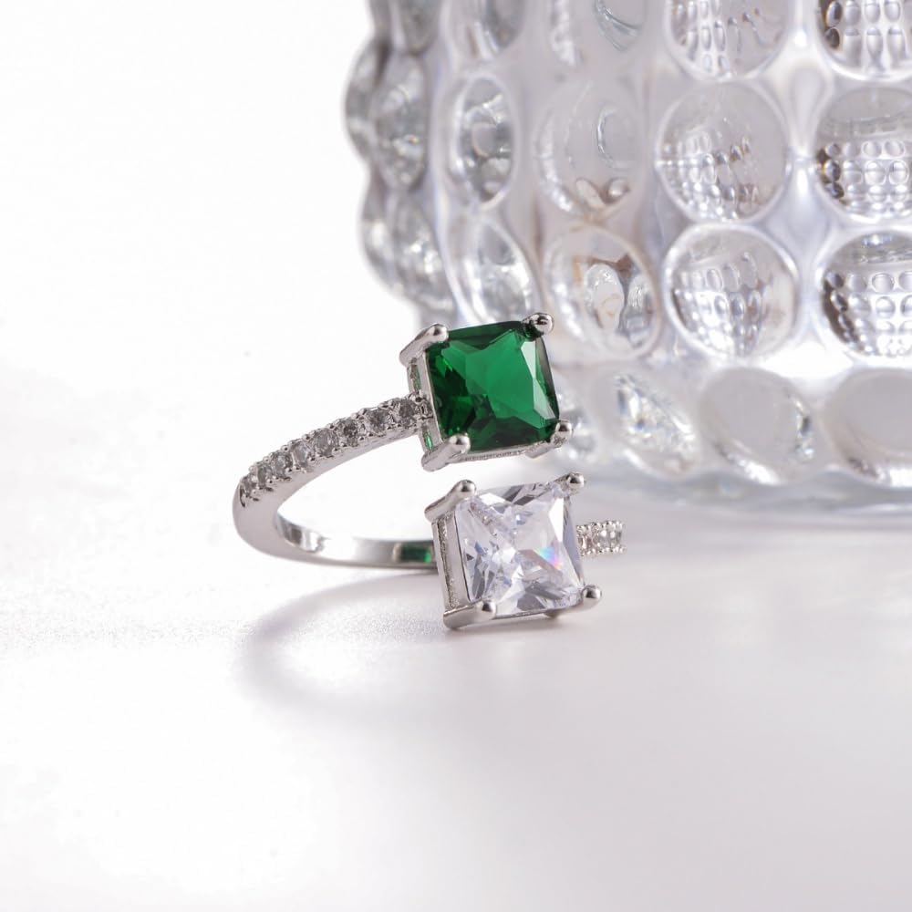 Kokoma Square Cubic Zirconia Open Ring for Women Adjustable Double Geometric Stones Ring Wrap Finger Band Promise Engagement Fashion Jewelry - Image 4