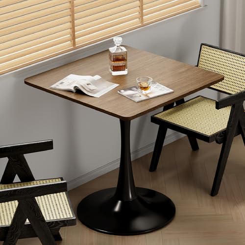 Walnut Square Tulip Table for 2, 24 Inch Small Dining Table with Metal Pedestal Base for Kitchen, Mid-Century Modern Table with Round Corners for Living Room, Cafe and Home Office
