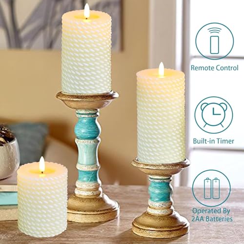 Image of Crystal Club White Flameless Candles,Corded Pattern Carving Battery Operated Candles with Remote Control LED Pillar Candles for Wedding Holiday Home Tabe Decor