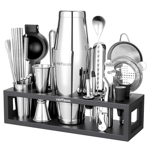 HMYBAR® Bartender Kit with Black Bamboo Stand, 31-Piece Cocktail Shaker Set, 20/28 oz Boston Shaker Set for Home Bar, Mixology Bar Tool Set with 39 Recipe Cards