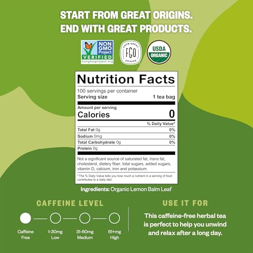 Image of FGO Organic Lemon Balm Tea, 100 Count, Eco-Conscious Herbal Tea Bags, Resealable Bag, Caffeine Free, Packaging May Vary (Pack of 1)