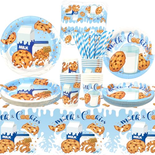 Fournitures de fête au lait et biscuits – Vaisselle de fête au lait et biscuits – Assiettes à dessert, assiettes, tasses, serviettes, nappes, pailles pour lait et biscuits, fournitures de fête