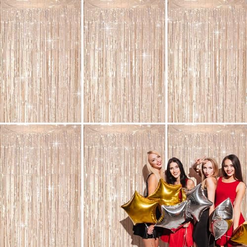 Shyllin 6 Piezas Cortina de Oropel, 1 m x 2 m, Cortina cumpleaños, Party Decoration para Pared de Fotos, Ideal para Fiestas, Sesiones de Fotos, Navidad, Halloween (Dorado champán)