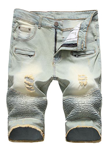 Lavnis Men's Casual Denim Shorts Classic Fit Ripped Jeans Biker Shorts Blue 3 32