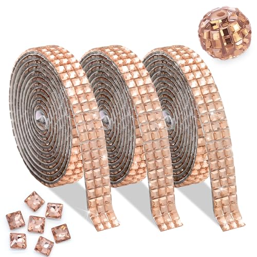 FULZTEY 3 Rolls Rhinestones Ribbon Self Adhesive,Sticky Glass Diamond Ribbon for DIY Crafts,0.9 CM Wide Crystal Trim Sticker,Champagne Bling Rhinestone Wrap for DIY Disco Ball Party Decoration