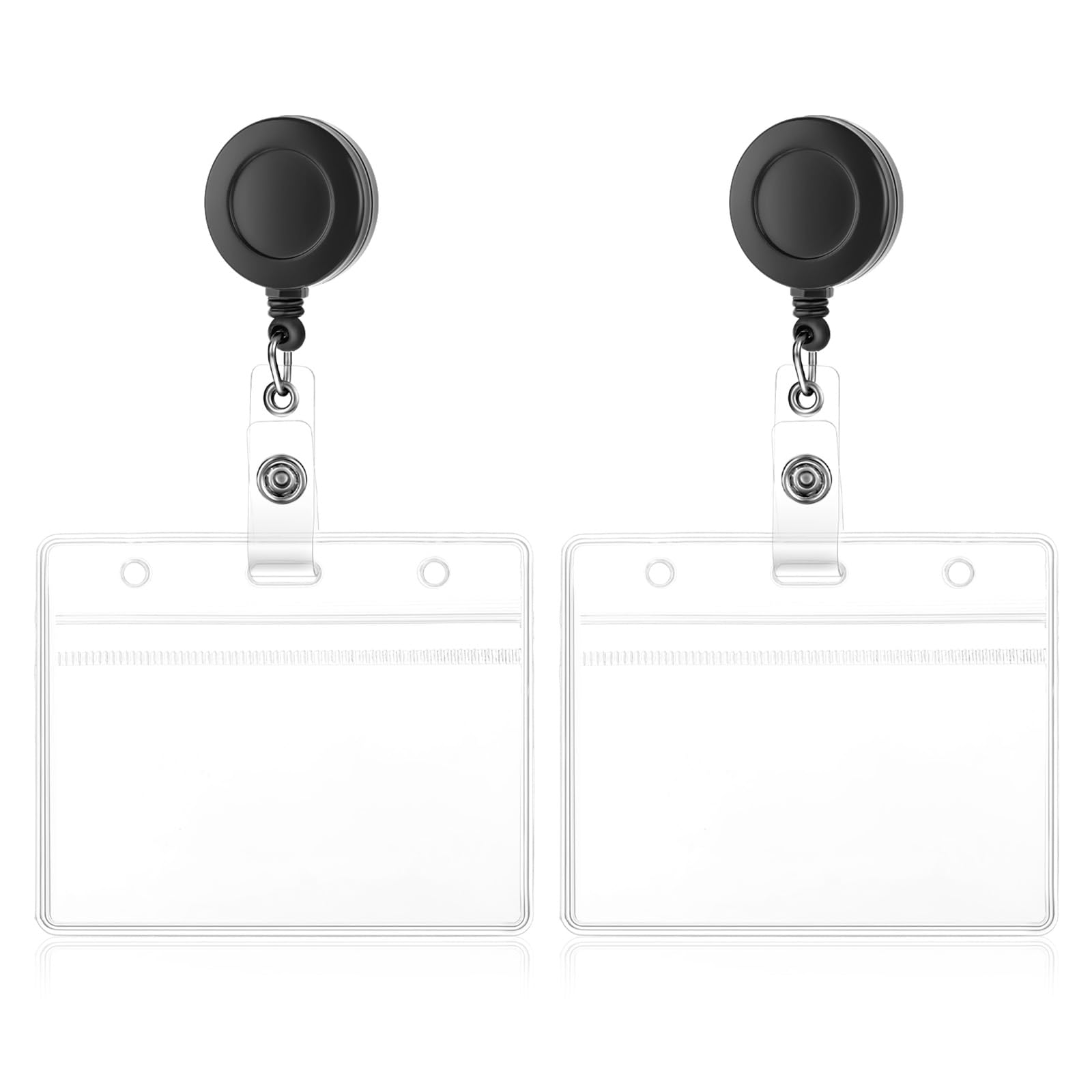 TIESOME 2Pack Soft Plastic Badge Holders with Heavy Duty Badge Reels,Clear Horizontal ID Name Card Holders Retractable Badge Reel Clip Credit Card Protector for Nurse Doctor Teacher Office