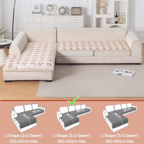 Image of HOKIPO Autumn Blossom L Shape (3+2 Seater) Sofa Seat Mat with Tassel| Quilted Sofa Cover Mat, 'Tassel Twigs' Series (IN-984-T5 + IN-986-T5)